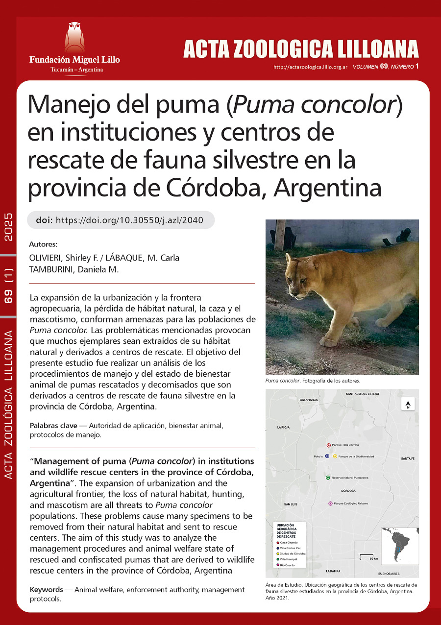 Manejo del puma (Puma concolor) en instituciones y centros de rescate de fauna silvestre en la provincia de Córdoba, Argentina