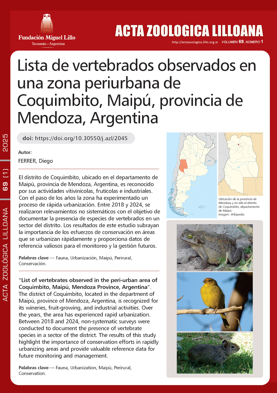 Lista de vertebrados observados en una zona periurbana de Coquimbito, Maipú, provincia de Mendoza, Argentina