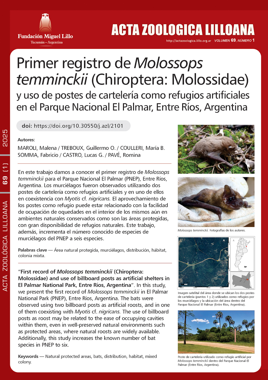 Primer reporte de Molossops temminckii (Chiroptera: Molossidae) y descripción de refugios artificiales en el Parque Nacional El Palmar, Entre Ríos, Argentina