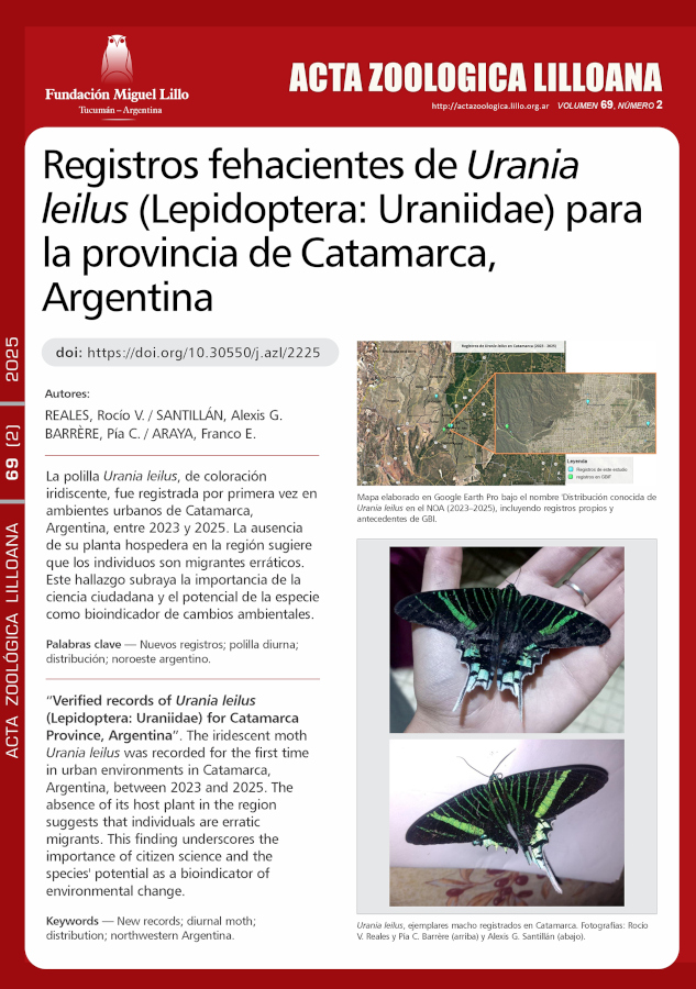 Registros fehacientes de Urania leilus (Lepidoptera: Uraniidae) para la provincia de Catamarca, Argentina