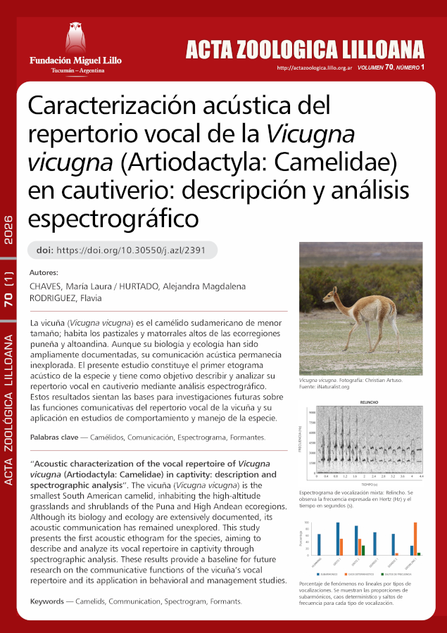 Caracterización acústica del repertorio vocal de la Vicugna vicugna (Artiodactyla: Camelidae) en cautiverio: descripción y análisis espectrográfico