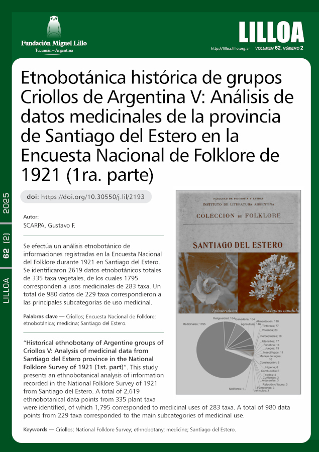 Etnobotánica histórica de grupos Criollos de Argentina V: Análisis de datos medicinales de la provincia de Santiago del Estero en la Encuesta Nacional de Folklore de 1921 (1ra. parte)